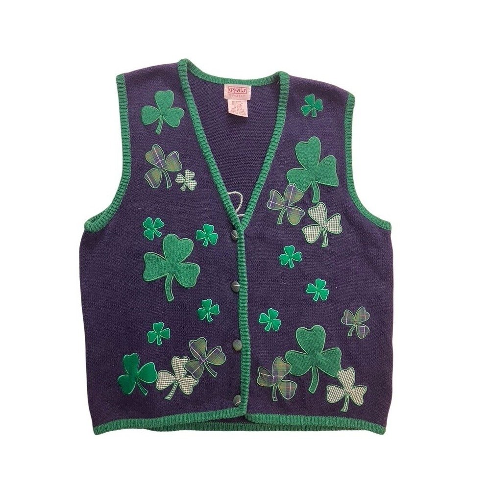 PBJ Sport Sweater Vest Womens XL Navy Blue St Patricks Day Shamrocks